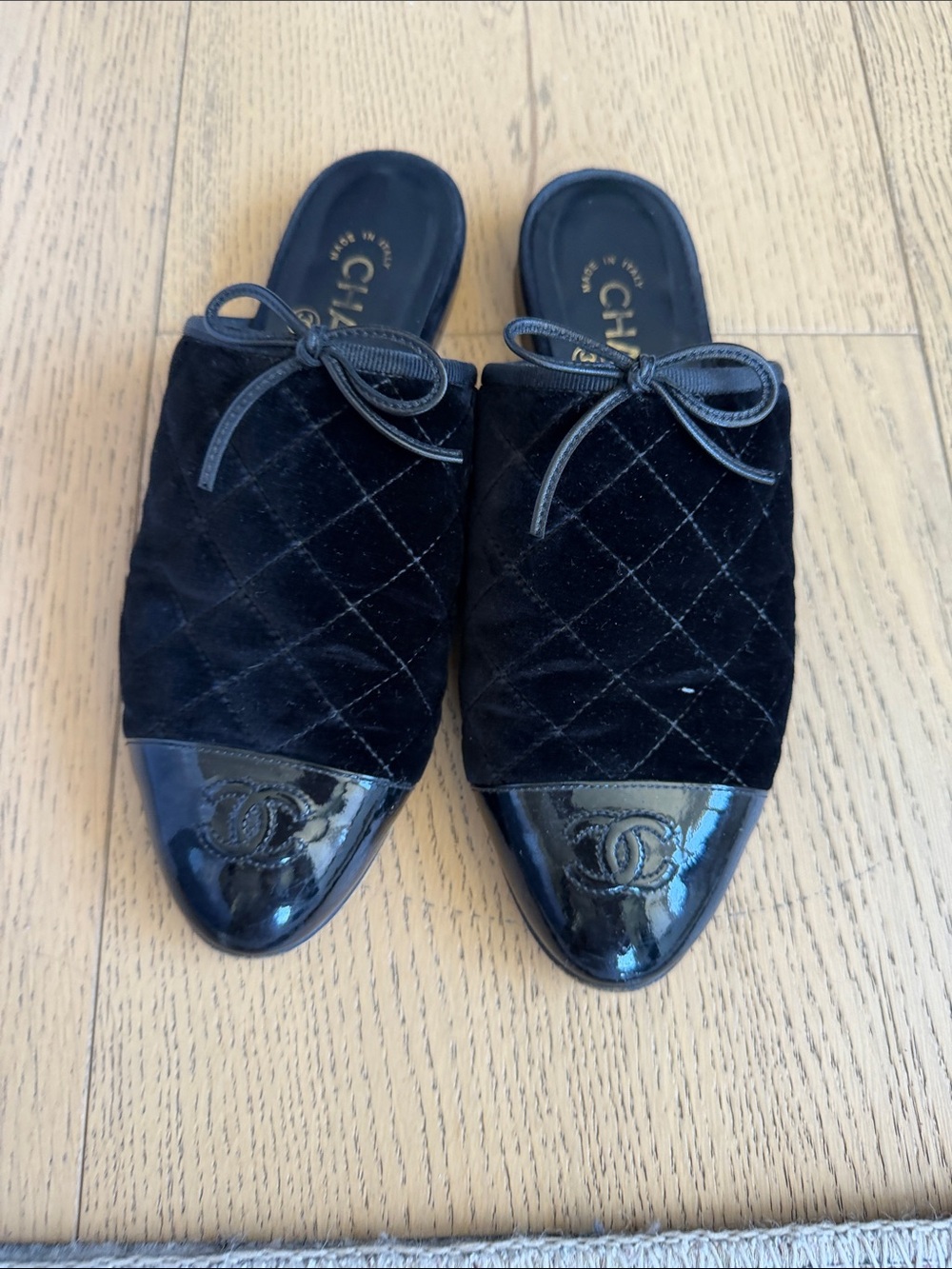CHANEL Black Quilted Velvet Mules with Patent Cap Toe